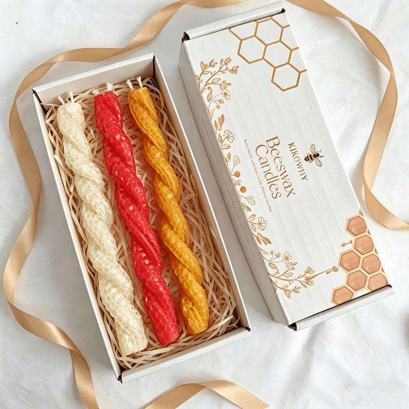Beeswax Taper Candle - 3 red and yellow handmade twisted